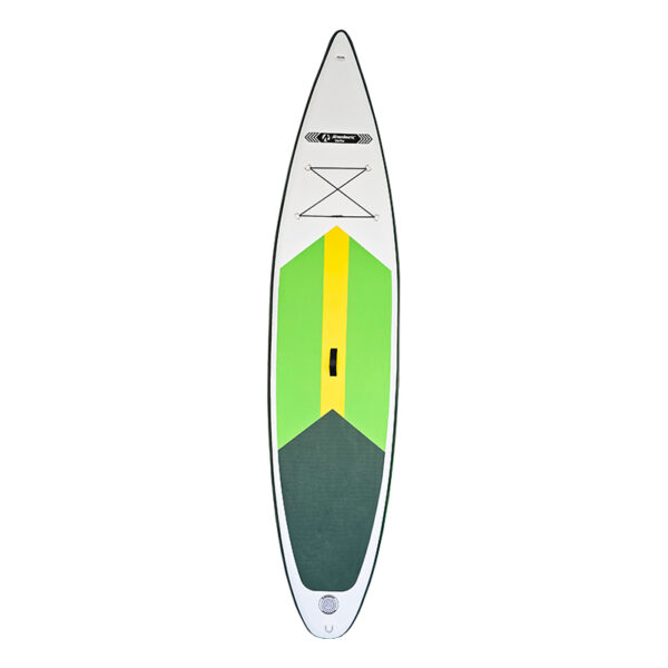 Aufblasbares SUP-Board, dreifarbig mit Grün, Gelb und Grau, ideal für entspanntes Paddeln auf dem Wasser.