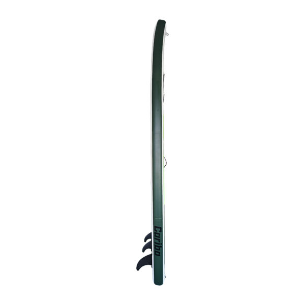 Aufrechter SUP-Board-Seitenansicht mit drei Finnen. Ideal für maritime Aktivitäten.