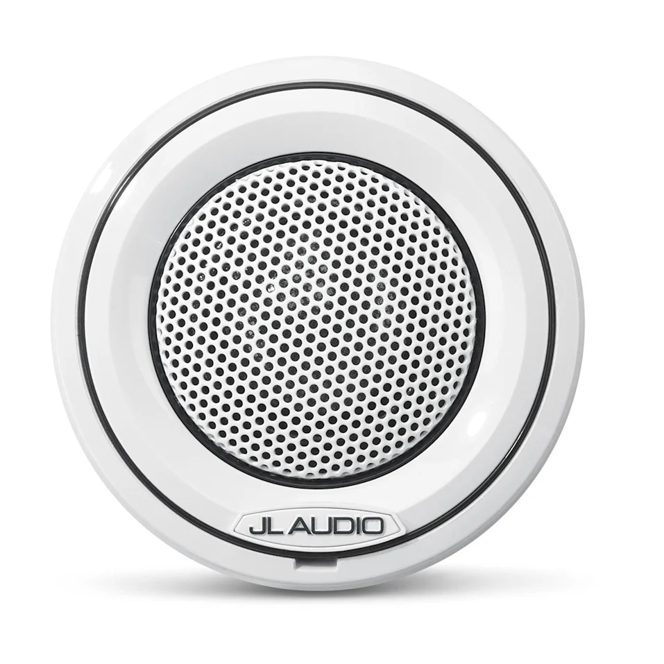 JL Audio M6 Marine-Komponenten-Hochtöner - 1 Zoll mit weißen Halterungen und weißem Wechselrahmen